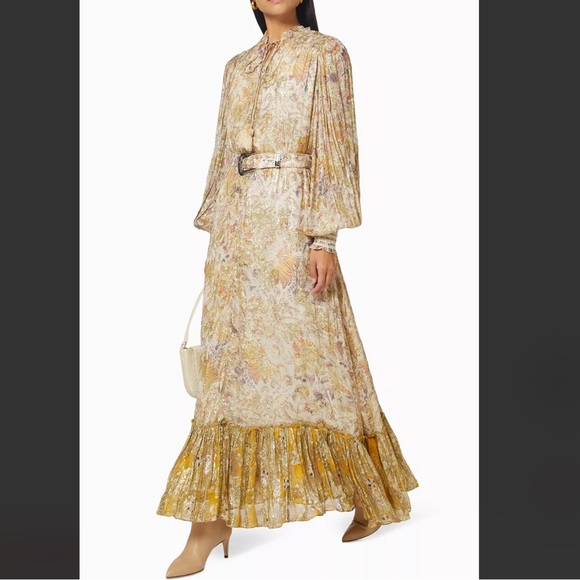 HEMANT & NANDITA Dresses & Skirts - HEMANT & NANDITA Gold Floral Maxi Dress with Ruffle Hem